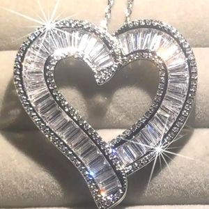 STERLING SLIDE LARGE HEART 2 in  ENCRUSTED WITH WHITE TOPAZ 20 IN CHAIN
